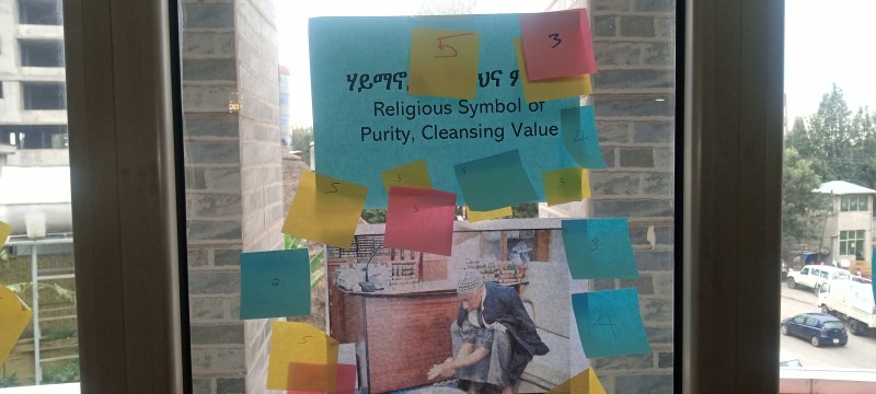 An image of a man using water in a religious practice has been annotated with sticky notes from different people, to gather input on how they value water
